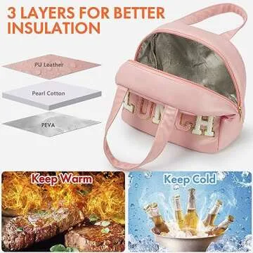 DIRGEE Lunch Bag for Women - Pink, Leather, Unisex, Meal Holder, Waterproof, Insulated, Reusable, Portable, 9.4L Capacity, Cute Chenille Letters Design