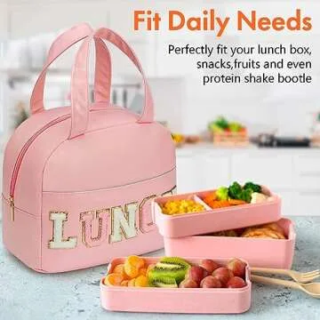 DIRGEE Lunch Bag for Women - Pink, Leather, Unisex, Meal Holder, Waterproof, Insulated, Reusable, Portable, 9.4L Capacity, Cute Chenille Letters Design