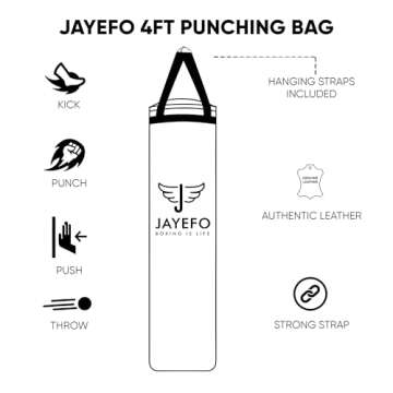 Jayefo Sports Punching Bag - Hanging Boxing Bag for MMA, Karate, Judo, Muay Thai, Kickboxing, Self Defense Training for Training at Home or Gym - Unfilled Heavy Bag 70 to 100 lbs - 4FT - Black
