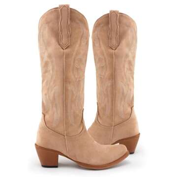 KaroNairy Women Cowboy Boots Faux Suede Embroidered Pointed Thick Heeled Western Wide Calf Cowgirl P...