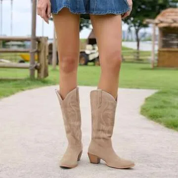 KaroNairy Women Cowboy Boots Faux Suede Embroidered Pointed Thick Heeled Western Wide Calf Cowgirl Ponited Toe Mid Calf Boots Tan7.5