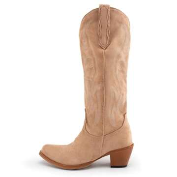 KaroNairy Women Cowboy Boots Faux Suede Embroidered Pointed Thick Heeled Western Wide Calf Cowgirl Ponited Toe Mid Calf Boots Tan7.5