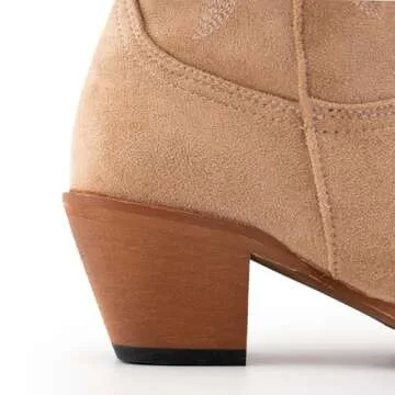 KaroNairy Women Cowboy Boots Faux Suede Embroidered Pointed Thick Heeled Western Wide Calf Cowgirl Ponited Toe Mid Calf Boots Tan7.5