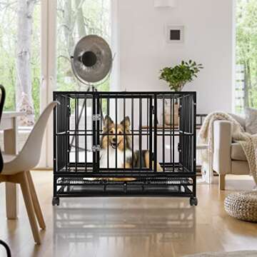 SmithBuilt 42" Large Heavy-Duty Dog Crate Cage - Two-Door Indoor Outdoor Pet & Animal Kennel with Tray - Black