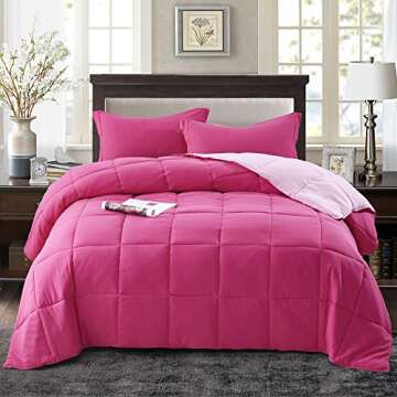 HIG 3pc Pink Queen Size Comforter Set - All Season Reversible Down Alternative Comforter with Two Shams - Quilted Duvet Insert with Corner Tabs - Box Stitched Blanket - Super Soft, Fluffy