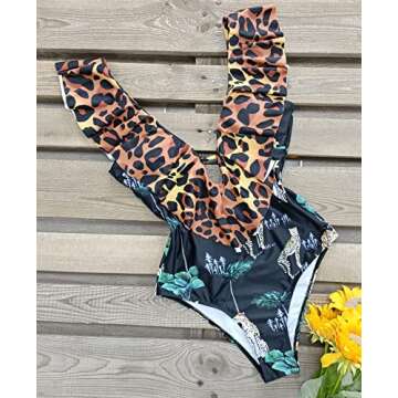 SPORLIKE Women One Piece Swimsuit V-Neck Ruffle Bathing Suit Padded Monokini(Leopard 2,Medium)