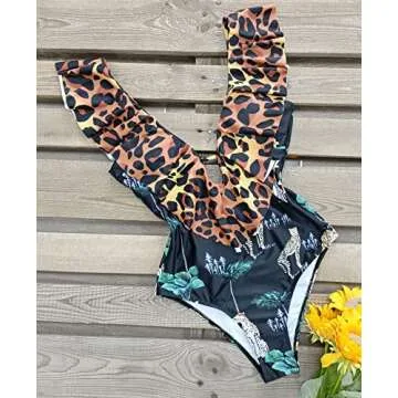 SPORLIKE Women One Piece Swimsuit V-Neck Ruffle Bathing Suit Padded Monokini(Leopard 2,Medium)