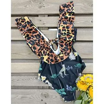 SPORLIKE Women One Piece Swimsuit V-Neck Ruffle Bathing Suit Padded Monokini(Leopard 2,Medium)
