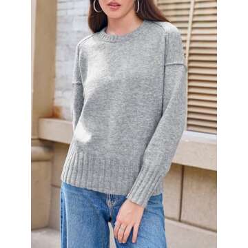Saodimallsu Womens Crew Neck Sweaters Long Sleeve Oversized Lightweight Loose Soft Knit Fall Pullover Sweater Tops Grey