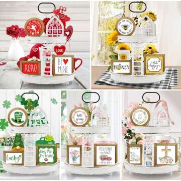 Nuvagiki Farmhouse St Patricks Day Tiered Tray Decor Set,Interchangeable Year Round Seasonal Decorations Spring Decorations for Home Decor Wooden Frames + Mini Arch + Ladder, NO Tray