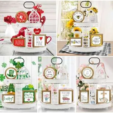 Nuvagiki Farmhouse St Patricks Day Tiered Tray Decor Set,Interchangeable Year Round Seasonal Decorations Spring Decorations for Home Decor Wooden Frames + Mini Arch + Ladder, NO Tray