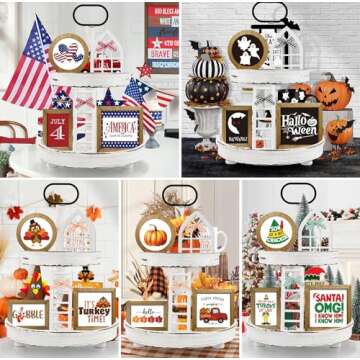 Nuvagiki Farmhouse St Patricks Day Tiered Tray Decor Set,Interchangeable Year Round Seasonal Decorations Spring Decorations for Home Decor Wooden Frames + Mini Arch + Ladder, NO Tray