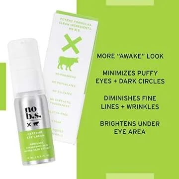 No B.S. (No Bad Stuff) Caffeine Eye Cream with Pure Hyaluronic Acid & Plant Based Squalane Oil, Under Eye Cream for Dark Circles & Puffiness, Skin Care for Women & Men, Vegan, Travel Size, 0.5 FL Oz