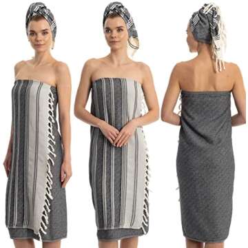DEMMEX Certified Organic Turkish Cotton Soft Bath Towel - Luxury Oversized Peshtemal for Bathroom, Bath Sheet - Lightweight Quick-Drying Beach Towel - Prewashed, Diamond Weave, 71x36'' (Black-Grey)