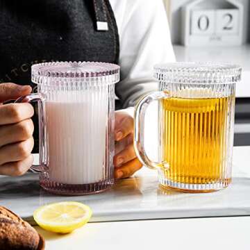 AISTON 11 oz Vintage Ribbed Clear Glass Coffee Mugs- Classic Vertical Stripes Coffee Cup with Glass Lid for Engagement, Bridal Shower, Wedding or Anniversary (Pink)