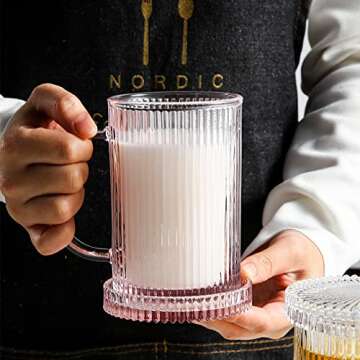 AISTON 11 oz Vintage Ribbed Clear Glass Coffee Mugs- Classic Vertical Stripes Coffee Cup with Glass Lid for Engagement, Bridal Shower, Wedding or Anniversary (Pink)