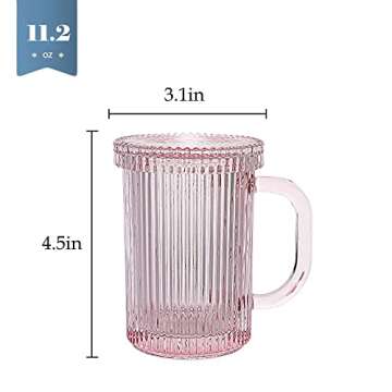 AISTON 11 oz Vintage Ribbed Clear Glass Coffee Mugs- Classic Vertical Stripes Coffee Cup with Glass Lid for Engagement, Bridal Shower, Wedding or Anniversary (Pink)