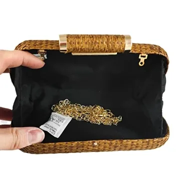 FGG Straw Clutch Purse for Women Wedding Party Straw Evening Handbags Summer Beach Bag Wicker clutch Bag, Coffee, Mini
