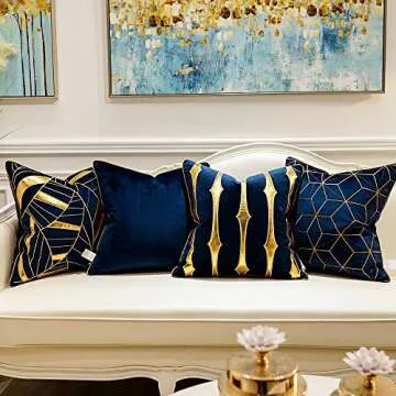 Avigers Luxury Navy Blue Gold Plaid Cushion Case 18x18