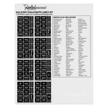 Talented Kitchen 136 Pieces Chalkboard Pantry Labels for Containers Preprinted, White Script on Black Stickers for Jars, Kitchen Canisters (Water Resistant) - Pantry Stickers for Containers