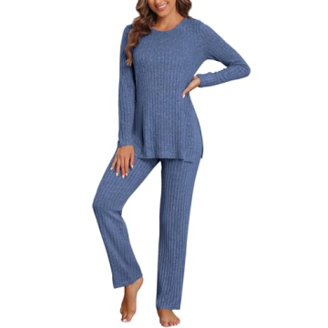 Cnlinkco Womens Ribbed Knit Lounge Set Long Sleeve Top and Long Pants Sleepwear Pajama Set 2 Piece M...