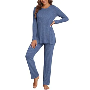 Cnlinkco Womens Ribbed Knit Lounge Set Long Sleeve Top and Long Pants Sleepwear Pajama Set 2 Piece M...