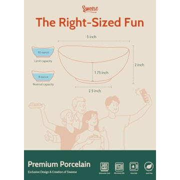 Sweese 5 Inch Porcelain Small 10 oz Bowls Set of 6, for Dessert | Ice cream | Soup | Rice | Fruits | Small Portions - Microwave, Dishwasher, and Oven Safe - White