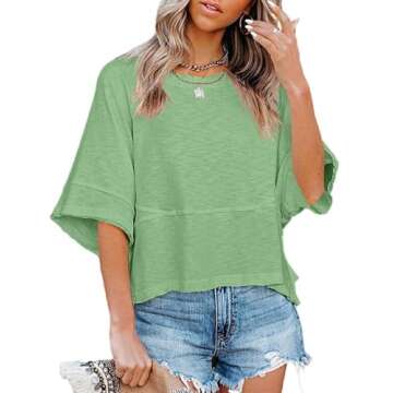 Sovelen Women's Summer Casual Crewneck Batwing Half Sleeve T-Shirts Solid Color Loose Fit Cute Basic...
