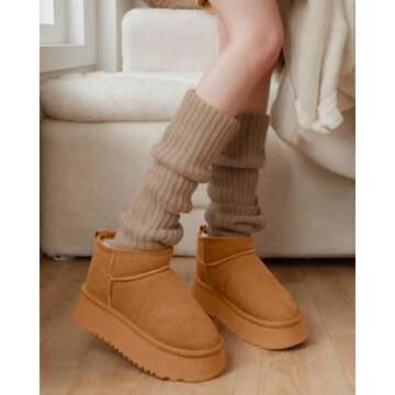 metricfalcon Platform Mini Boots for Women Suede Upper Winter Boots Warm Fur Fleece Lined Anti-Slip Sole Short Ankle Snow Boots for Indoor & Outdoor