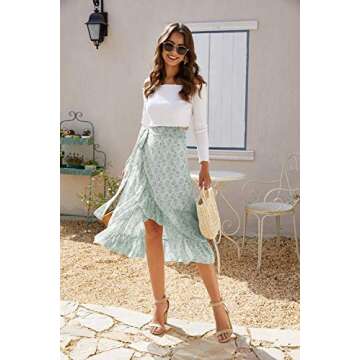 ThCreasa Womens Boho Floral Print High Waisted Wrap Skirts Ruffle Hem Tie Knot Summer Chiffon Flowy Midi Skirts Green M