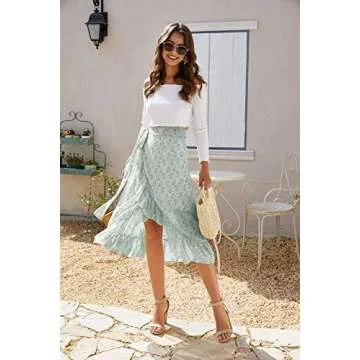 ThCreasa Womens Boho Floral Print High Waisted Wrap Skirts Ruffle Hem Tie Knot Summer Chiffon Flowy Midi Skirts Green M