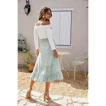 ThCreasa Womens Boho Floral Print High Waisted Wrap Skirts Ruffle Hem Tie Knot Summer Chiffon Flowy Midi Skirts Green M