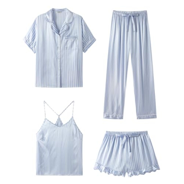 SAPJON Silk Pajamas for Women Set - Luxurious 4Pcs Ruffled Satin Sleepwear