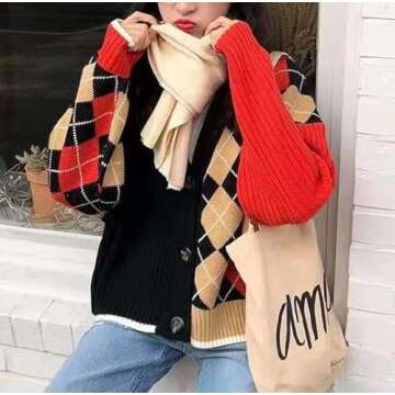 Trendy Fall Sweater for Women 2025 Grunge Argyle Plaid Preppy Y2K E-Girl Cardigan Chunky Knit Vintag...