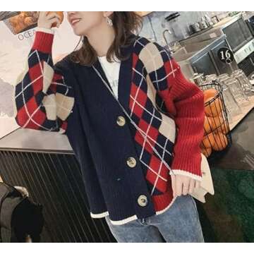 Trendy Fall Sweater for Women 2025 Grunge Argyle Plaid Preppy Y2K E-Girl Cardigan Chunky Knit Vintage Grandpa Sweater (XL,B Red)