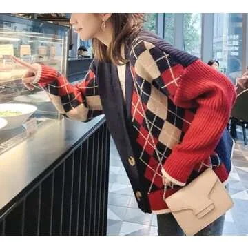 Trendy Fall Sweater for Women 2025 Grunge Argyle Plaid Preppy Y2K E-Girl Cardigan Chunky Knit Vintage Grandpa Sweater (XL,B Red)