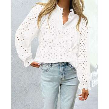 PRETTYGARDEN Women's Dressy Casual Blouse Tops Fall Spring Puff Long Sleeve Button V Neck Hollow Out Lace Embroidered Shirts (White,Large)