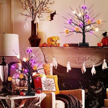 [Timer] 2 Pack 18" Black Halloween Tree, 48 LED Spooky Lighted Halloween Table Decor with Pumpkin Ba...