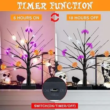 [Timer] 2 Pack 18" Black Halloween Tree, 48 LED Spooky Lighted Halloween Table Decor with Pumpkin Bat Ghost Lights, USB/Battery Operated Halloween Decorations Indoor Birch Tree for Home Party Mantle
