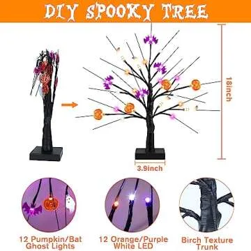 [Timer] 2 Pack 18" Black Halloween Tree, 48 LED Spooky Lighted Halloween Table Decor with Pumpkin Bat Ghost Lights, USB/Battery Operated Halloween Decorations Indoor Birch Tree for Home Party Mantle