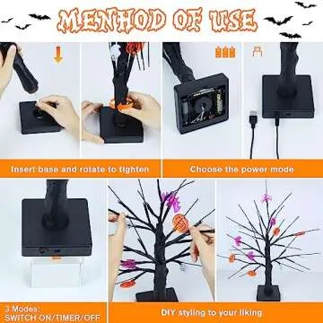 [Timer] 2 Pack 18" Black Halloween Tree, 48 LED Spooky Lighted Halloween Table Decor with Pumpkin Bat Ghost Lights, USB/Battery Operated Halloween Decorations Indoor Birch Tree for Home Party Mantle