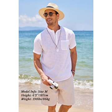 COOFANDY Men's Cotton Linen Henley Shirt Short Sleeve Hippie Casual Beach T-Shirts with Pocket