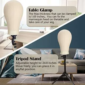 22 Inch Wig Head (White), Wig Stand Tripod with Head, Canvas Block Head Mannequin Head Stand Wig Display Styling Head With Mount Hole, Manikin Canvas Head Block Set for Wigs Making Display with Wig Caps, T Pins C Pins Set Bristle Brush