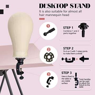 22 Inch Wig Head (White), Wig Stand Tripod with Head, Canvas Block Head Mannequin Head Stand Wig Display Styling Head With Mount Hole, Manikin Canvas Head Block Set for Wigs Making Display with Wig Caps, T Pins C Pins Set Bristle Brush
