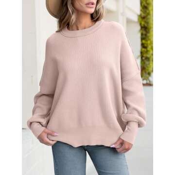 ANRABESS Women Crewneck Batwing Long Sleeve 2024 Fall Oversized Side Slit Ribbed Knit Pullover Sweaters Top Cozy Outfits Pink X-Large