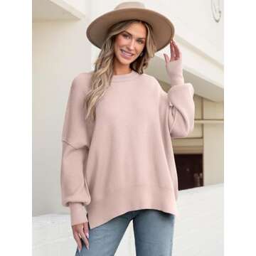 ANRABESS Women Crewneck Batwing Long Sleeve 2024 Fall Oversized Side Slit Ribbed Knit Pullover Sweaters Top Cozy Outfits Pink X-Large