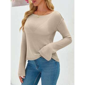 Imily Bela Womens Boat Neck Shirts Long Sleeve Lightweight Knit Pullover Sweaters Casual Sheer Blouse Tops Khaki