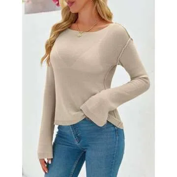 Imily Bela Womens Boat Neck Shirts Long Sleeve Lightweight Knit Pullover Sweaters Casual Sheer Blouse Tops Khaki