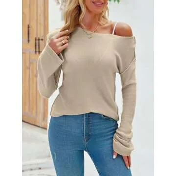 Imily Bela Womens Boat Neck Shirts Long Sleeve Lightweight Knit Pullover Sweaters Casual Sheer Blouse Tops Khaki