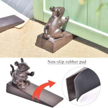 Sungmor Heavy Duty Cast Iron Mouse Door Stops | Decorative Cute Animal Statue Metal Door Stopper Wedge with Non-Slip Mat | Solid & Antique Style Windproof Door Holder for Patio Yard Garden Farmhouse